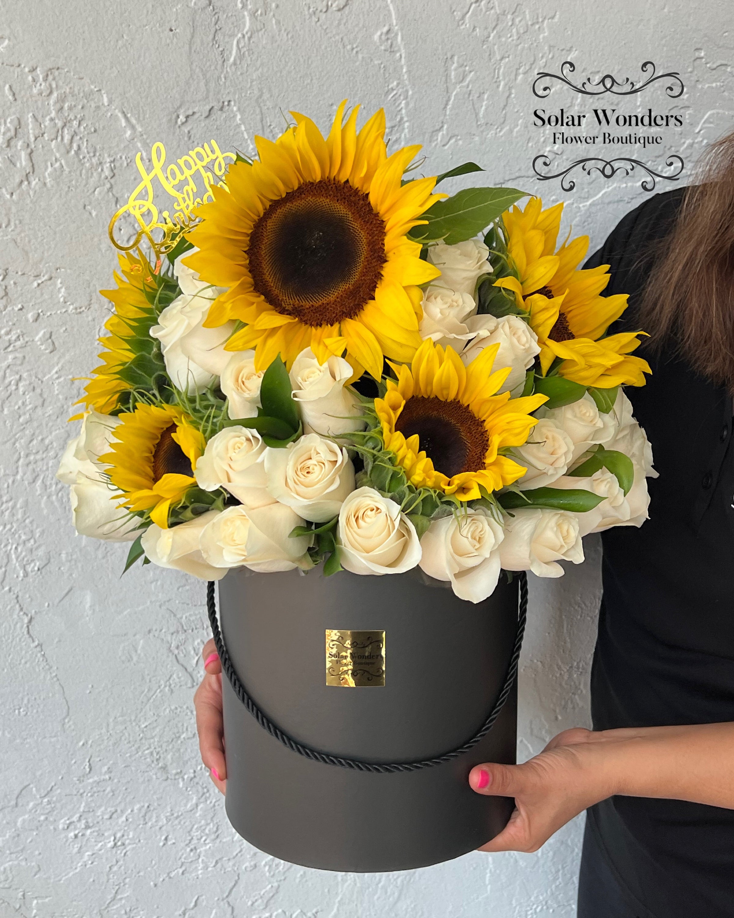 White Roses \u0026 Sunflower HatBox | Solar Wonders Flower Boutique, image size:2400x3000
